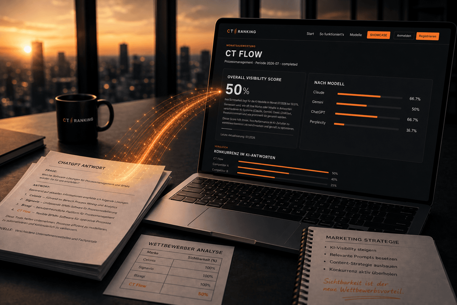 CT Ranking dashboard on a laptop: overall visibility score, model comparison and competitor analysis